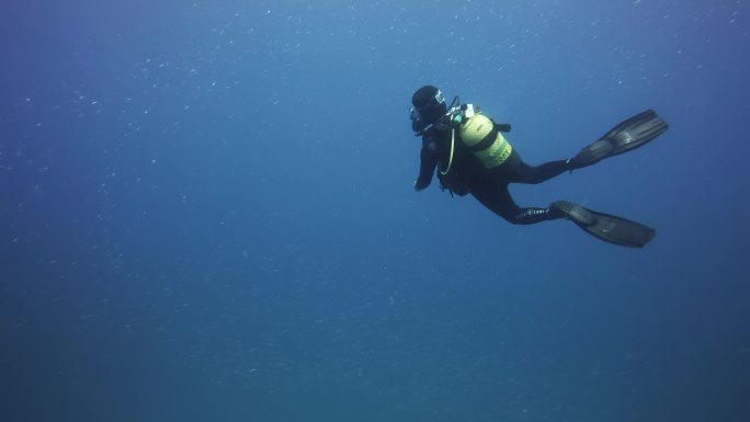 潜水员沉浸在礁石附近欣赏海底的美景