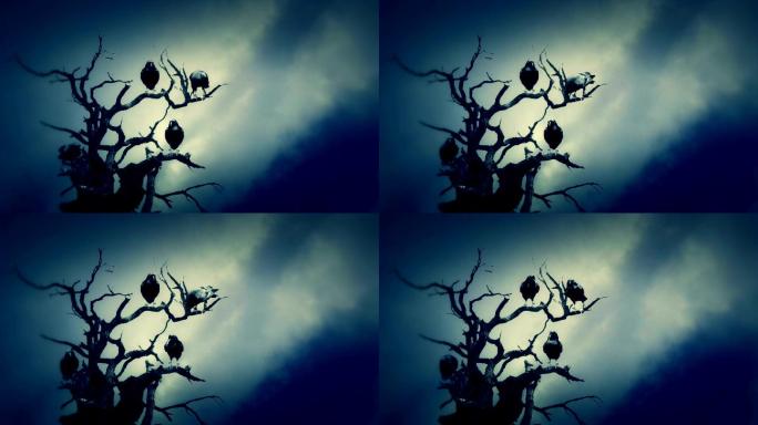 阴天，黑乌鸦站在枯树上