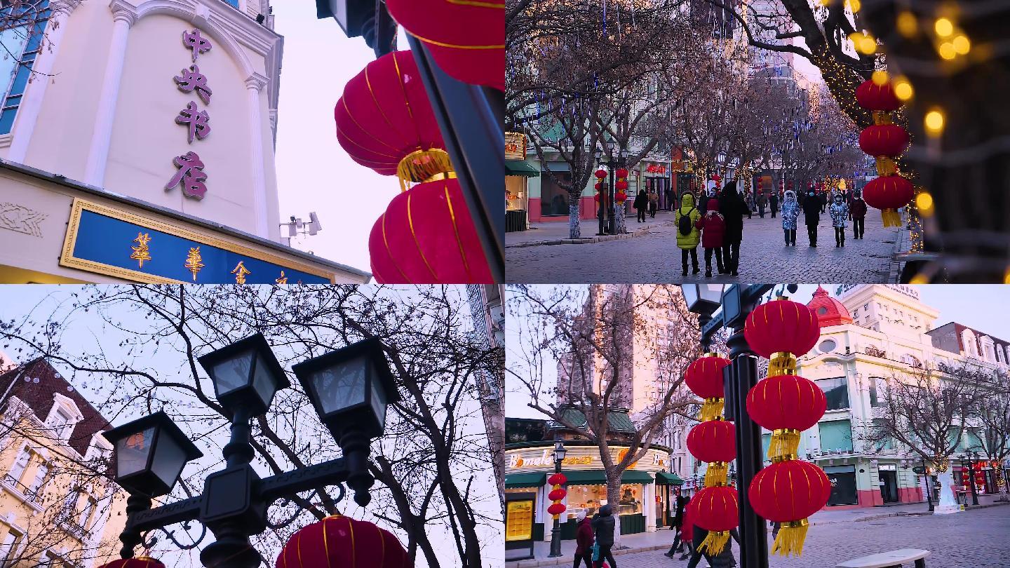 冬季东北过年节日氛围街景人群素材