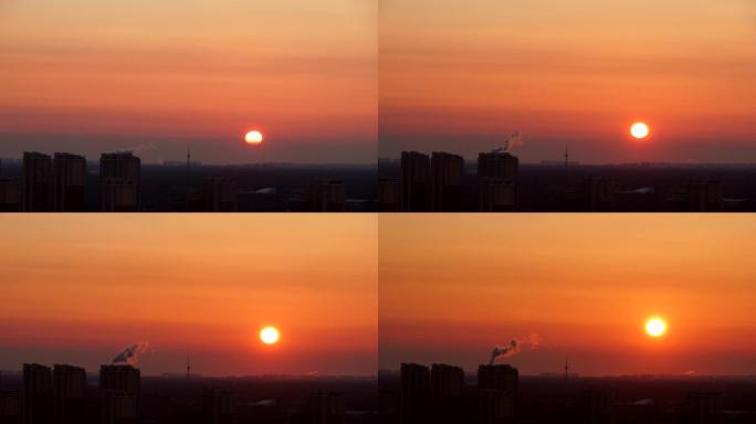 城市日出延时清晨早晨太阳升起东方红太阳升