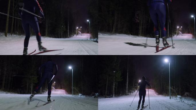 夜间越野滑雪训视频素材