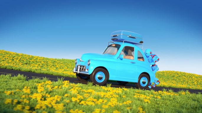 机器人推着汽车走电动汽车卡通效率