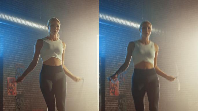 在健身房里女人用跳绳锻炼身体