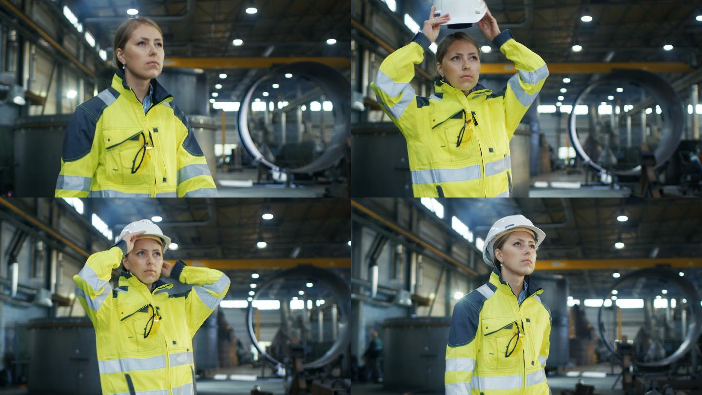 工人在穿过重工业制造厂时戴上安全帽。