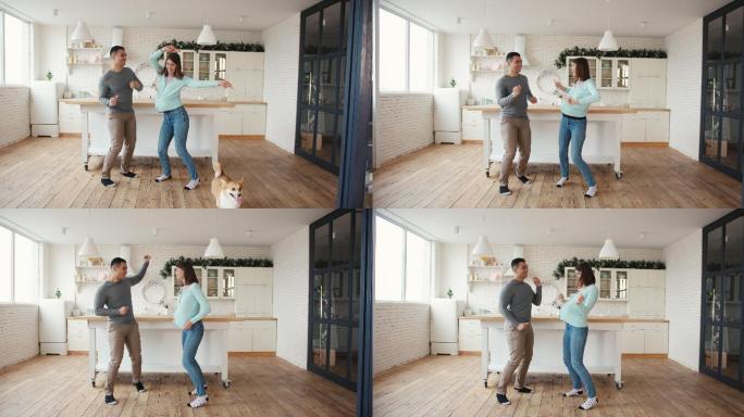 男人和女人在家里有趣地跳舞