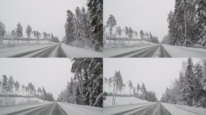 道路积雪雪天开车冰天雪地第一视角