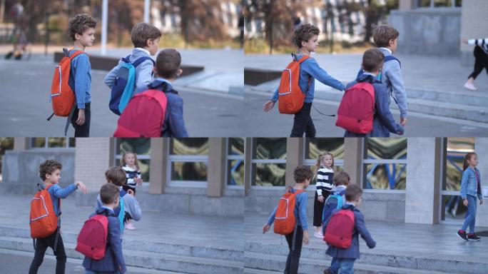 小学生步行上学国外老外街头儿童小孩