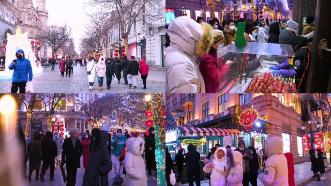 中央大街街景人群延时冬季逛街