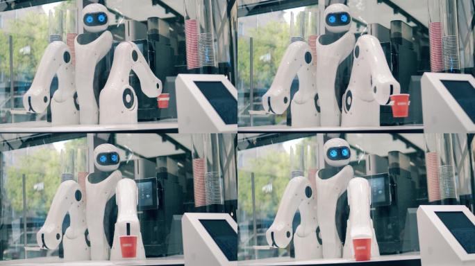 高科技机器人正在咖啡馆工作