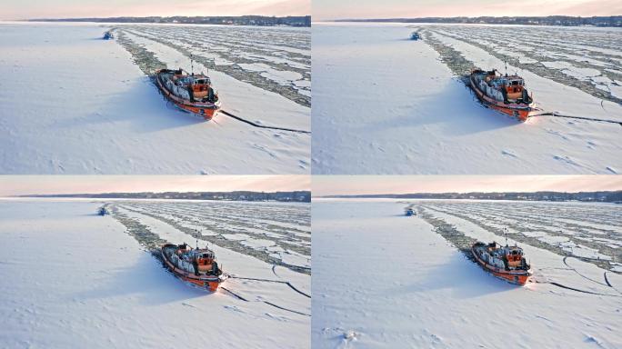 波兰维斯图拉河上的两艘破冰船航拍