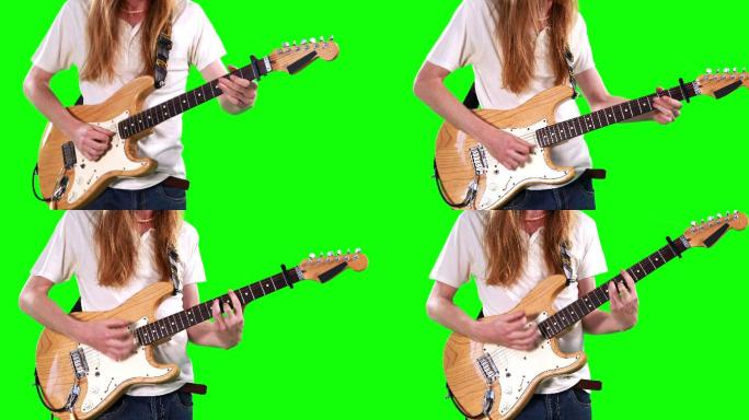 弹电吉他的吉他手绿幕抠像合成素材元素音乐