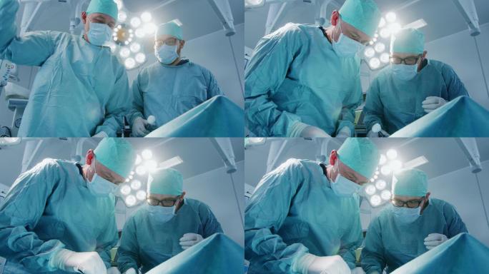 在手术过程中，两名外科医生在手术室用器械