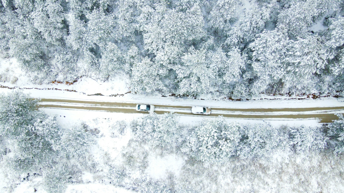 航拍森林雪景道路汽车大雪纷飞意境素材