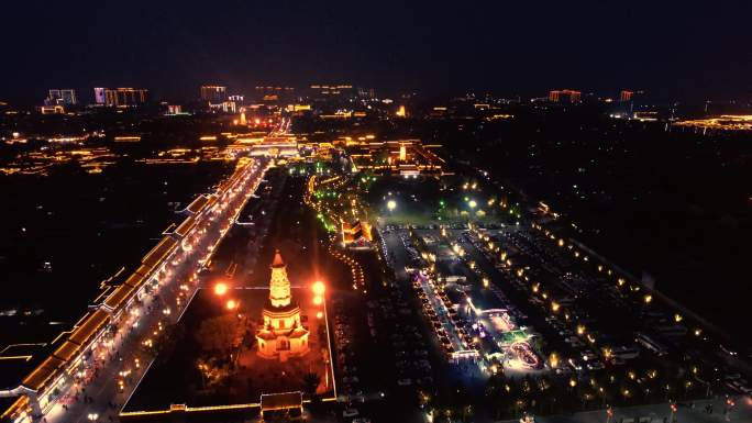 正定古城隆兴寺塔旅游灯光秀夜景航拍