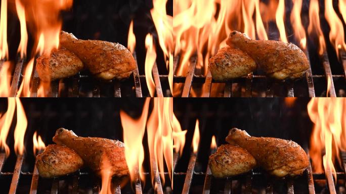 在燃烧的烤架上烤鸡腿