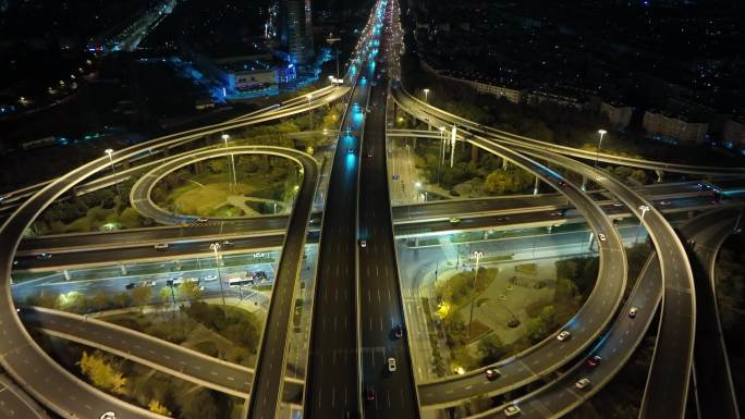 上海中环路济阳路高架立交桥夜景航拍