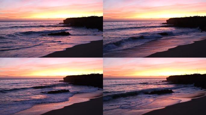 日落时圣克鲁斯海滩波浪起伏