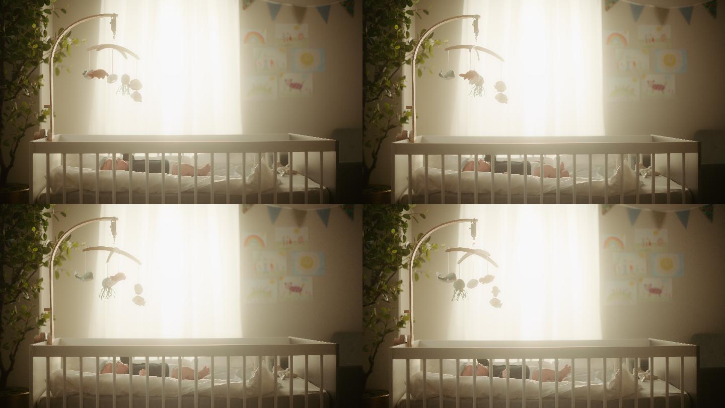 新生儿躺在婴儿床上的真实特写镜头