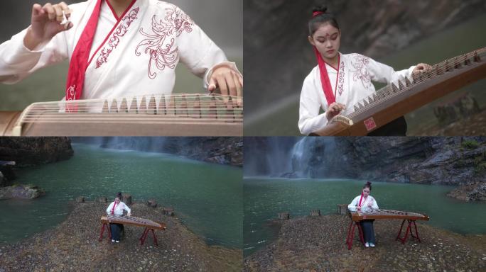 古筝乐器演奏中国风古装户外山水意镜弹古筝