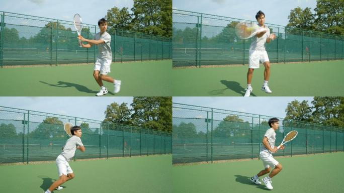 网球运动员慢动作球场打球