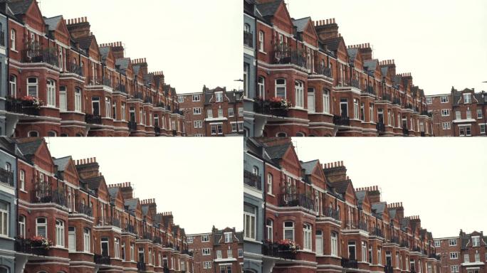 一排典型的英式阶梯砖房的特写镜头