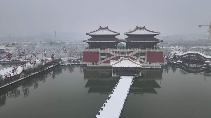 宋朝开封雪景北宋东京汴京古建筑冬天湖