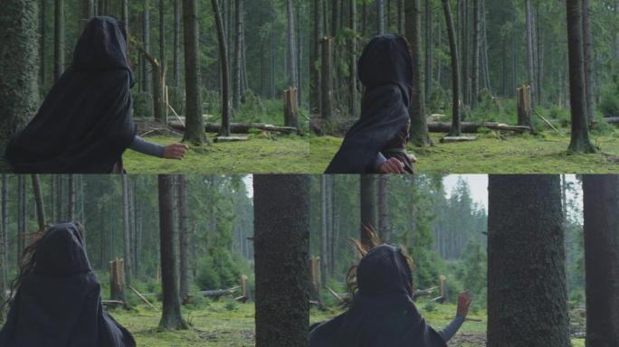 在树林里奔跑的女人