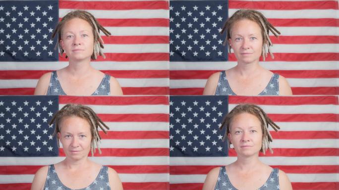 美国国旗背景下的女性肖像