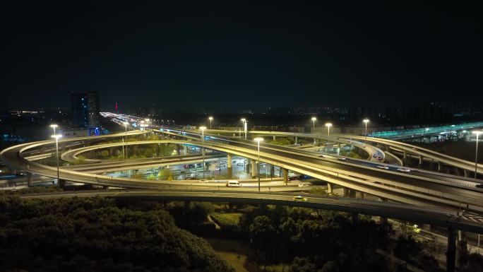 上海中环路济阳路高架立交桥夜景航拍