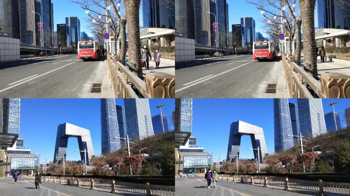 北京街拍春节公交车灿烂阳光央视大楼