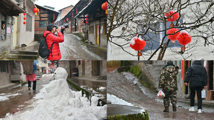 古镇老街春节下雪红灯笼挂满街乡村乡愁情节