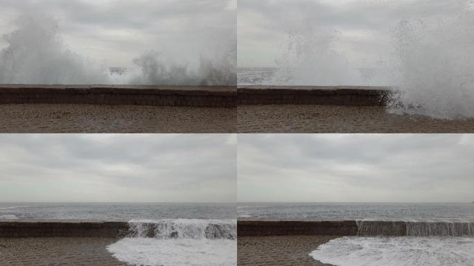 巨浪压碎海岸，大海波涛汹涌