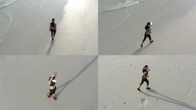 在海边锻炼健步走健身健美年轻女性