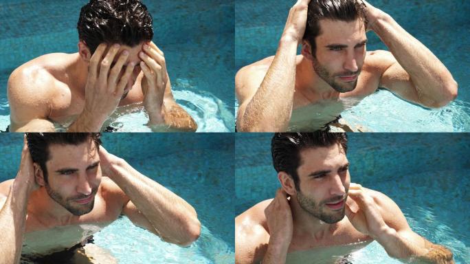 游泳池里的男子性感外国帅哥美男升格慢镜头