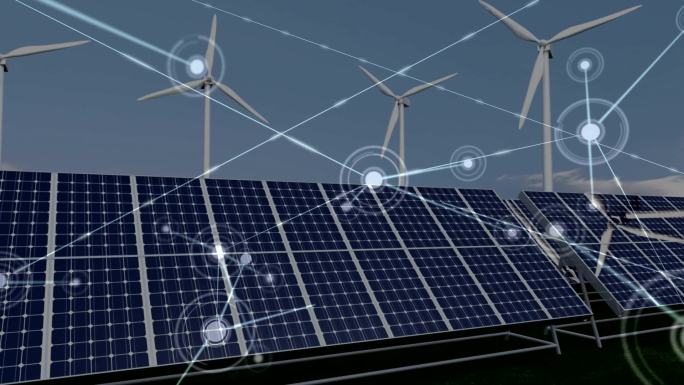 太阳能电池板和风力涡轮机上网络连接的动画