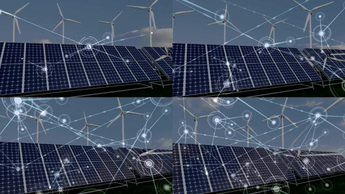 太阳能电池板和风力涡轮机上网络连接的动画