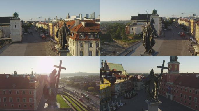 华沙古城的纪念碑雕塑雕像航拍波兰