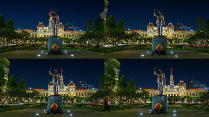 夜胡志明市著名纪念碑广场全景