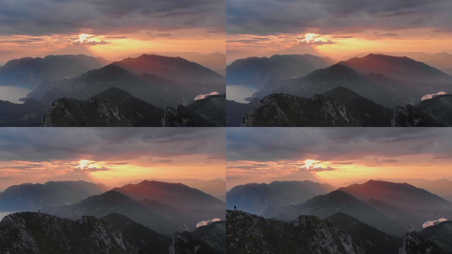 日出时壮观山景的空中镜头