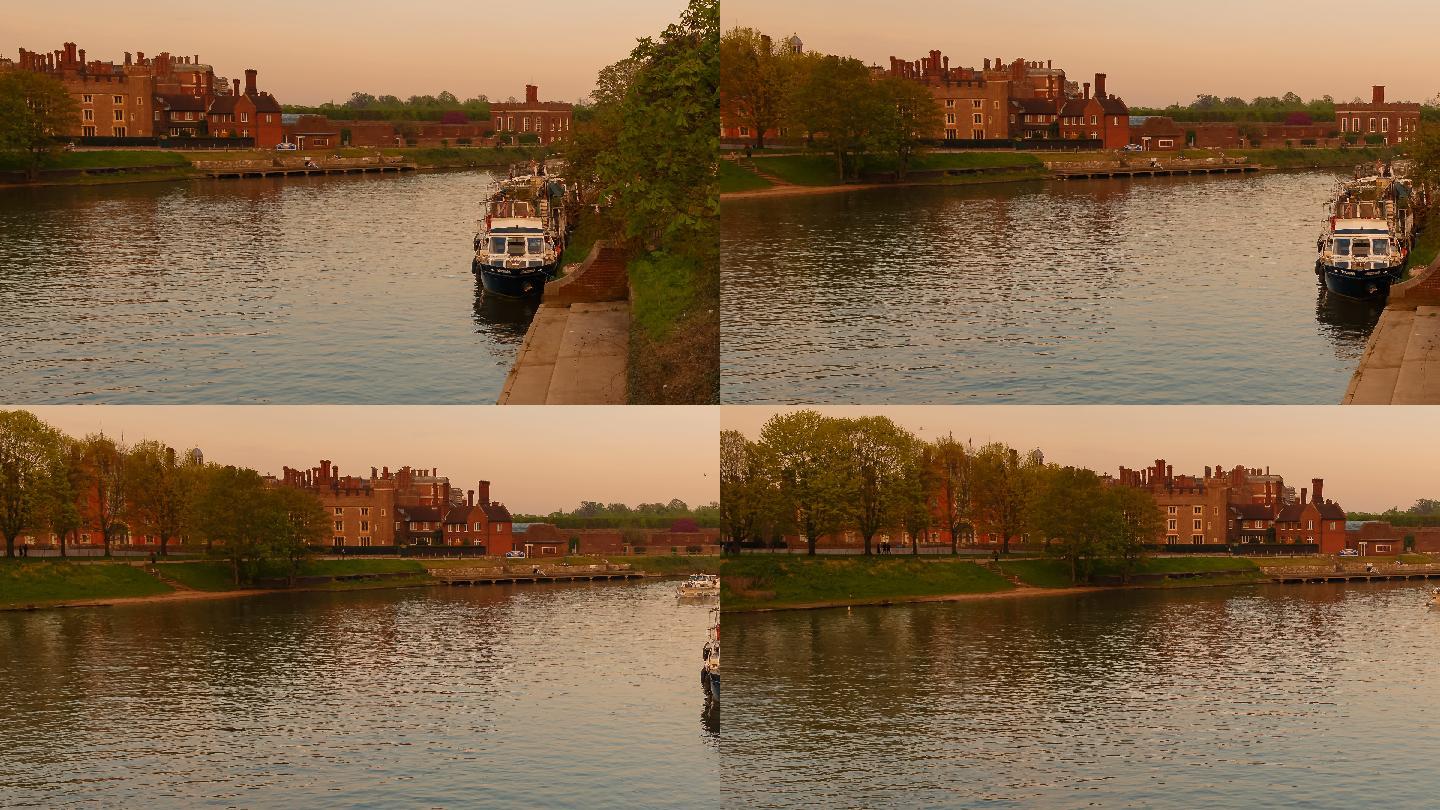 在日落黄金时段拍摄汉普顿宫和泰晤士河
