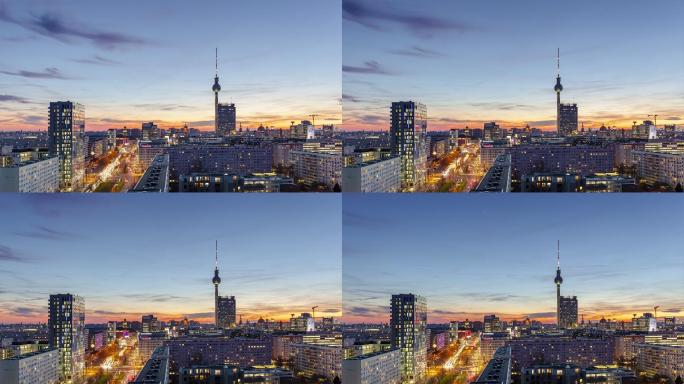 柏林天际线与电视塔的日夜交替