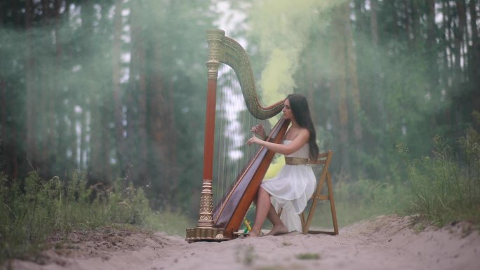 女竖琴手在森林表演