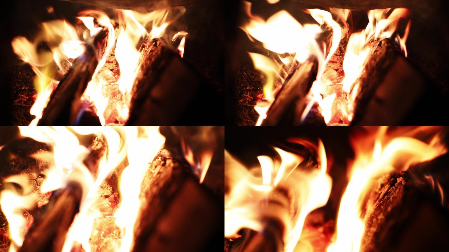【4K】熊熊燃烧的乡村柴火火焰