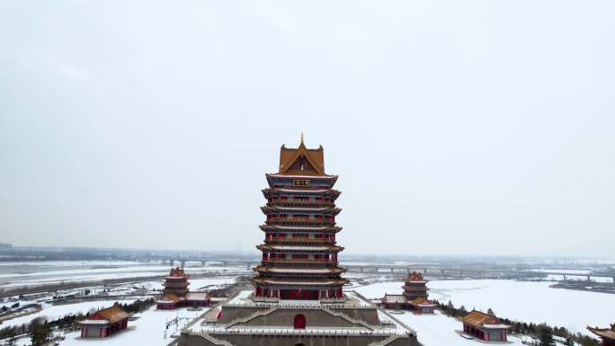 4K素材：航拍宁夏青铜峡黄河楼下雪风光