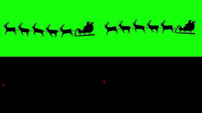 绿色屏幕上印有圣诞老人雪橇动画剪影
