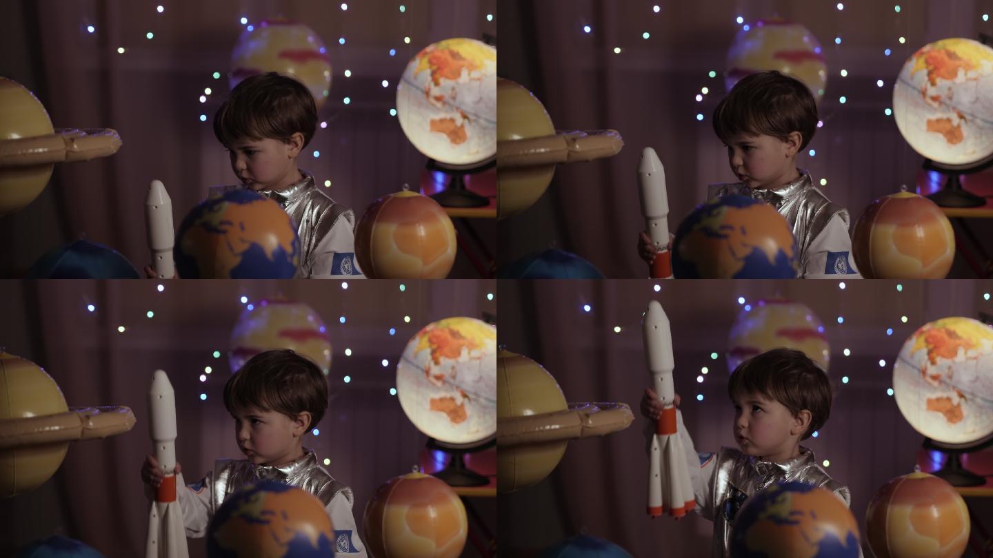 小男孩发射玩具火箭穿越行星