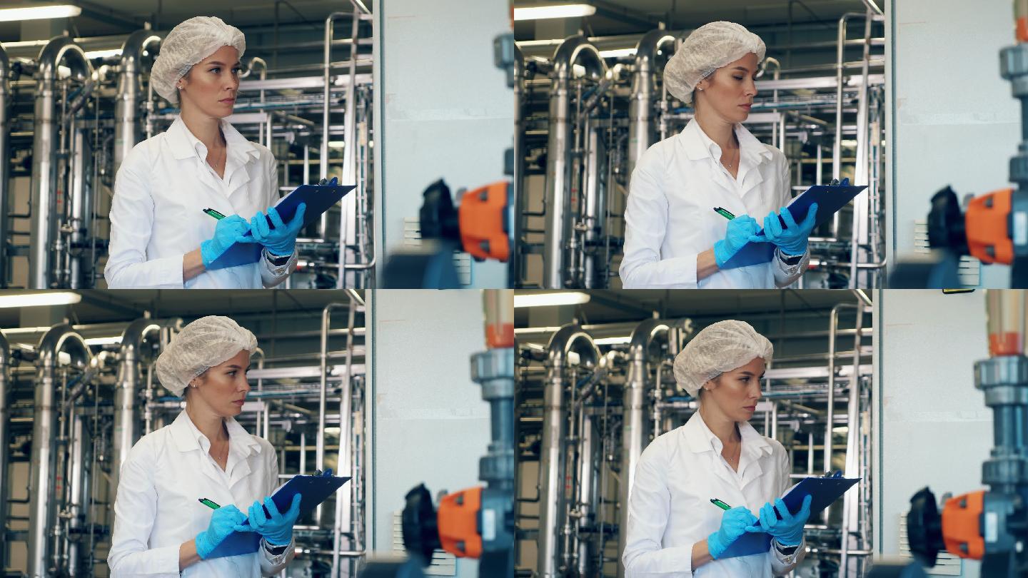 女工人检查工厂设备、工业机器。