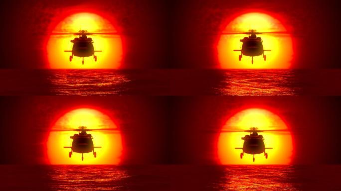 夕阳下的直升机飞过海面