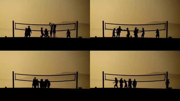 排球剪影傍晚玩球夕阳下一群少年青春活跃
