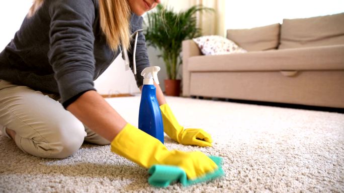 家庭主妇用清洁剂清洁地毯
